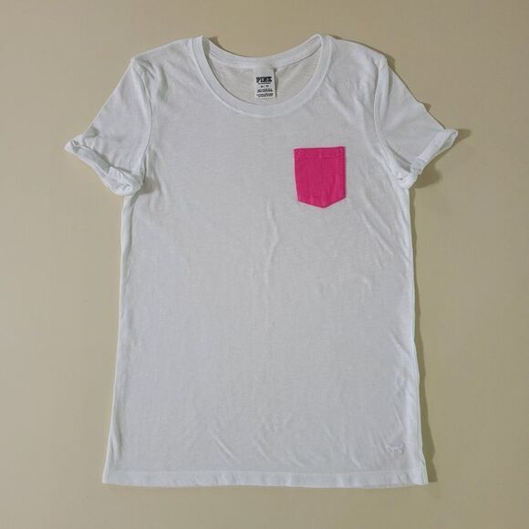 PINK Victoria's Secret White Crewneck Short Sleeve Tee Pink Chest Pocket - Picture 1 of 12